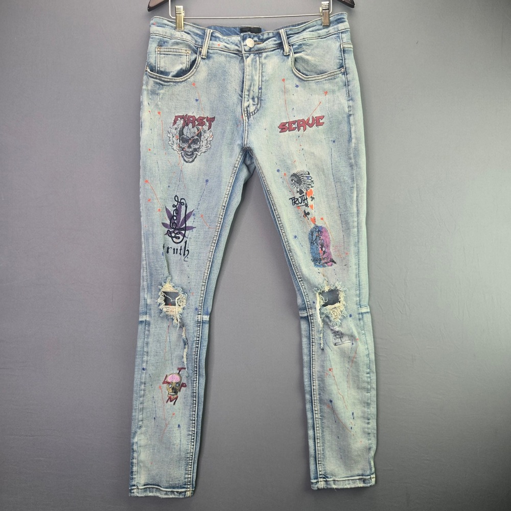 Cooper 9 Skinny Jeans Graphic Print Distressed 33 Light Wash Paint Splatter Mens